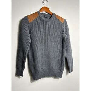 J. Crew S/M Men's Grey Ribbed Knit Sweater with Leather Shoulder Patches